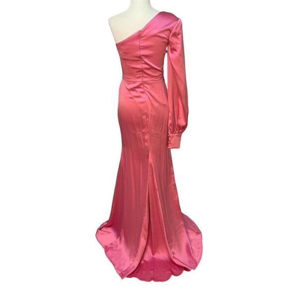 Mac Duggal Ieena Pink One Shoulder Bishop Sleeve Trumpet Gown Size 0 Long Dress - Picture 6 of 10